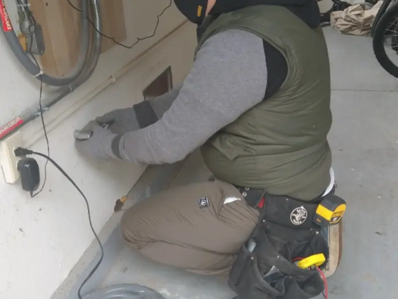 Electrician performing outlet wiring in a South Russell garage